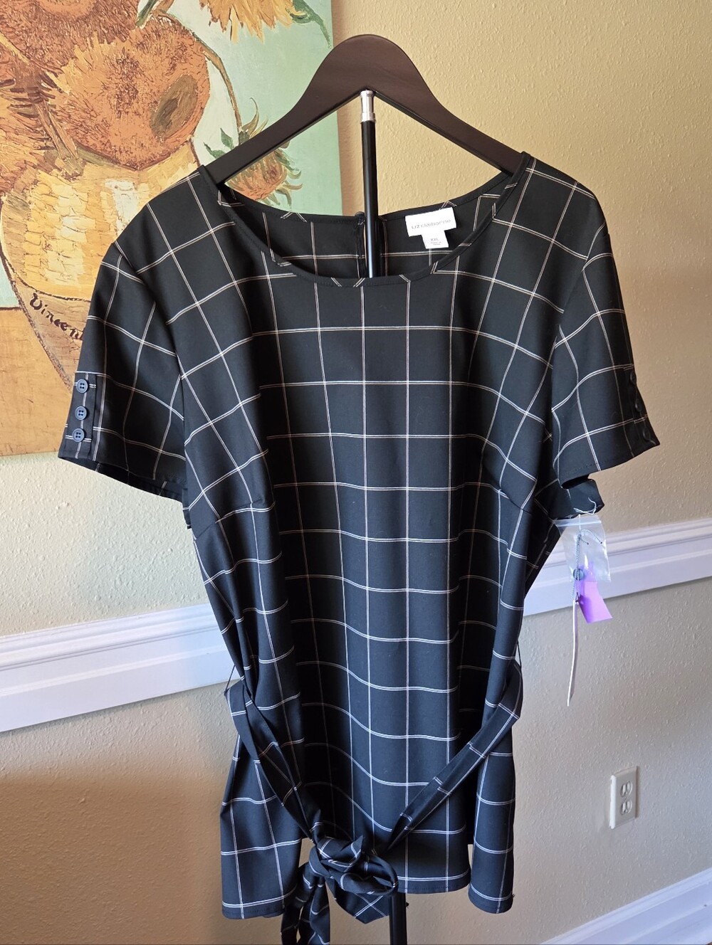 Liz Claiborne Black Windowpane Tie-Waist Blouse